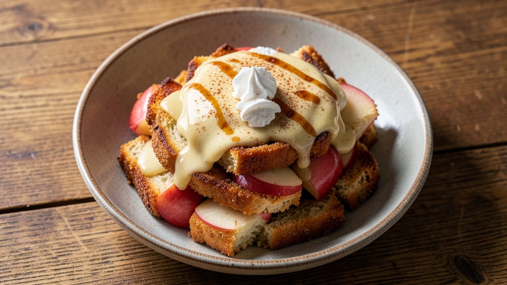 Apple Fritter Bread Pudding Recipe: Caramelized Apple Crunch With Cinnamon-Dusted Clouds